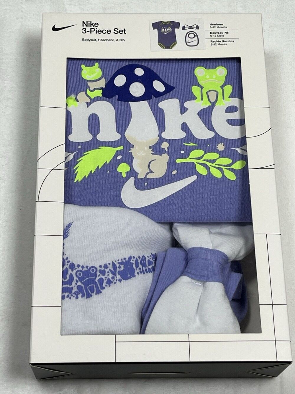 Nike Infant Girl 3-Piece Box Set- Bodysuit Headband & Bib 6-12 Months Baby Gift